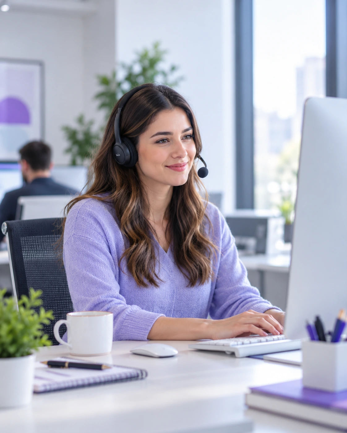 DotsFlow support representative assisting customers from a desktop workspace